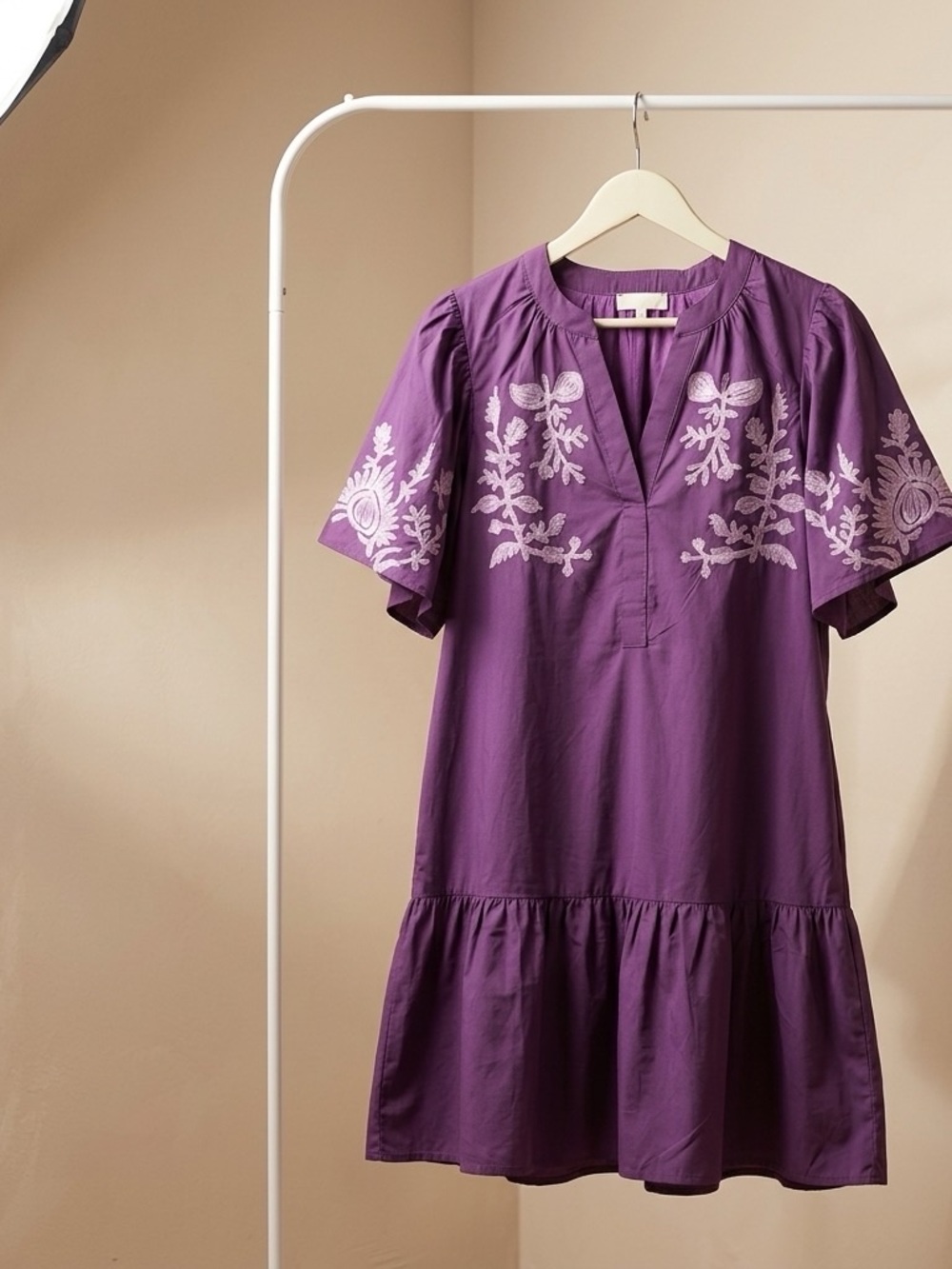 ENTRO Purple V-Neck Dress with Pink Embroidery and Ruffle. NWT